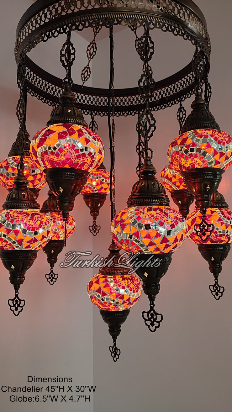 15-BALL TURKISH SULTAN MOSAIC CHANDELIER, MEDİUM GLOBES ID: S15-21