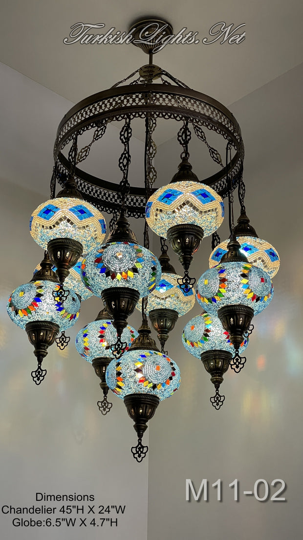 11-BALL TURKISH SULTAN MOSAIC CHANDELIER, LARGE GLOBES 10 TO CHOOSE