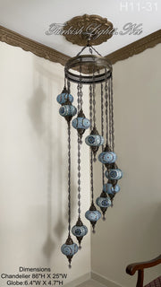 11 (L) BALL TURKISH WATER DROP MOSAIC CHANDELIER WİTH LARGE GLOBES H11-31