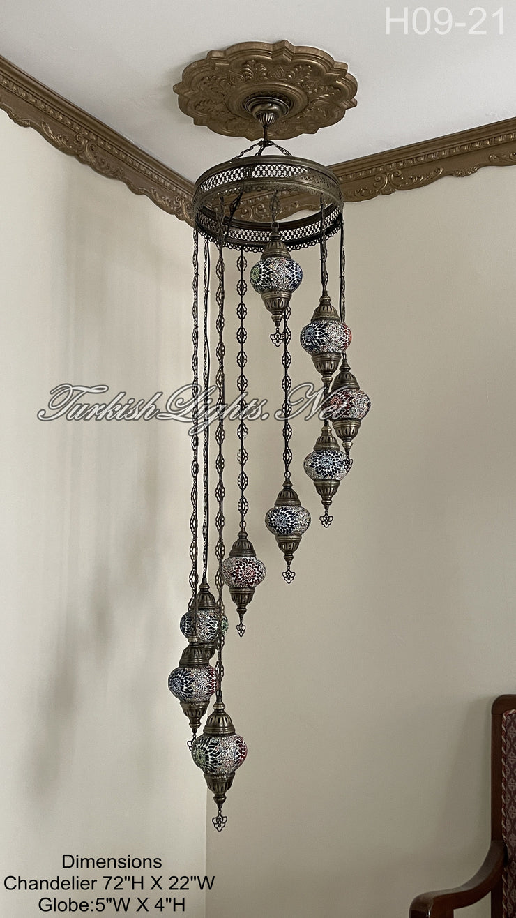 9 (M) BALL TURKISH WATER DROP MOSAIC CHANDELIER WİTH MEDIUM GLOBES H09-21