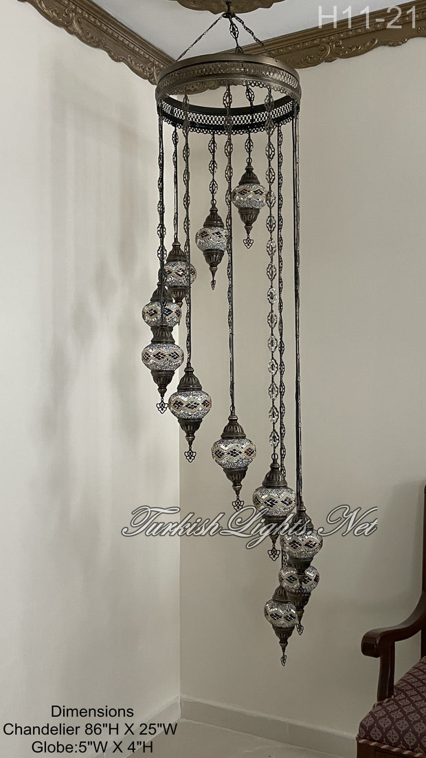 11 (M) BALL TURKISH WATER DROP MOSAIC CHANDELIER WİTH MEDIUM GLOBES H11-21