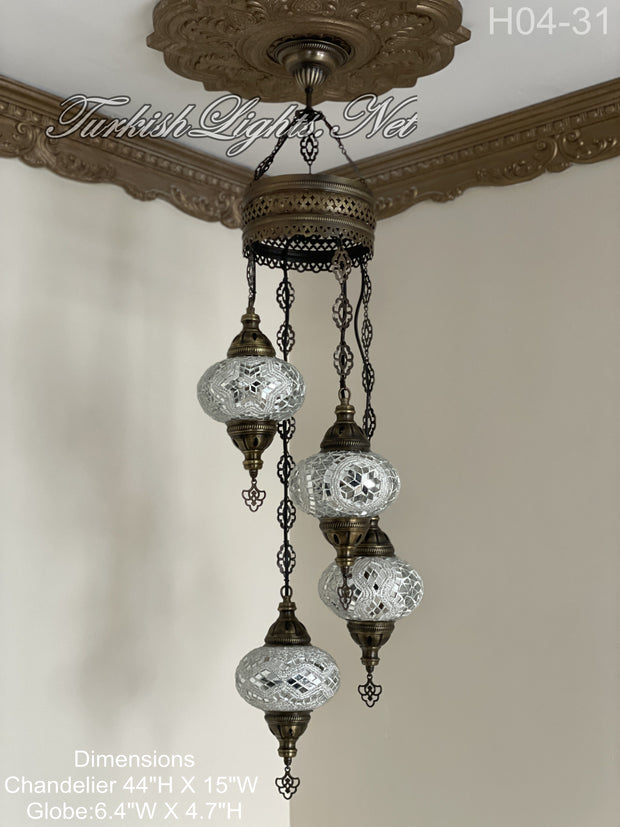 4 (L) BALL TURKISH WATER DROP MOSAIC CHANDELIER WİTH LARGE GLOBES H04-31