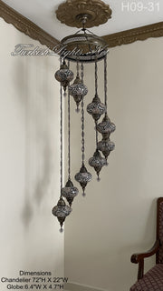 9 (L) BALL TURKISH WATER DROP MOSAIC CHANDELIER WİTH LARGE GLOBES H09-31