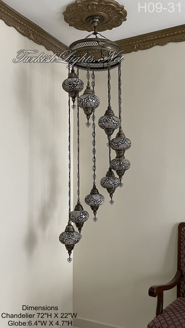 9 (L) BALL TURKISH WATER DROP MOSAIC CHANDELIER WİTH LARGE GLOBES H09-31