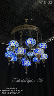 15-BALL TURKISH SULTAN MOSAIC CHANDELIER, LARGE GLOBES BLUE ID: M10-02