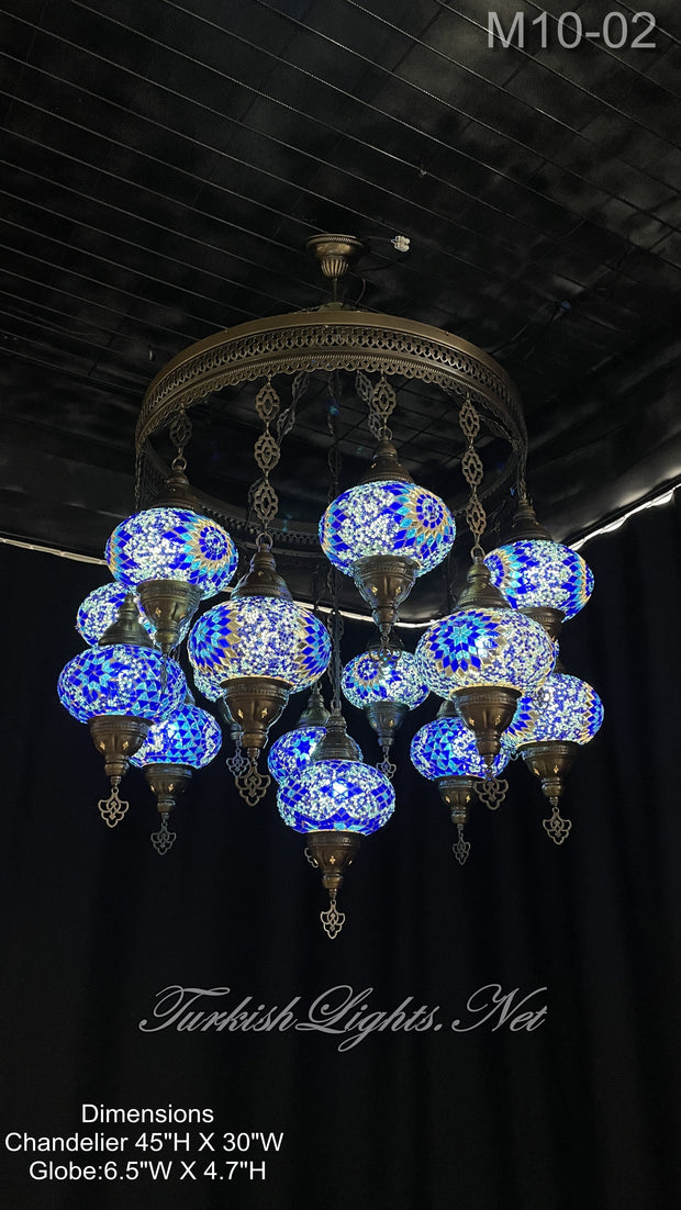 15-BALL TURKISH SULTAN MOSAIC CHANDELIER, LARGE GLOBES BLUE ID: M10-02