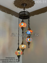5 (L) BALL TURKISH WATER DROP MOSAIC CHANDELIER WİTH LARGE GLOBES H05-31