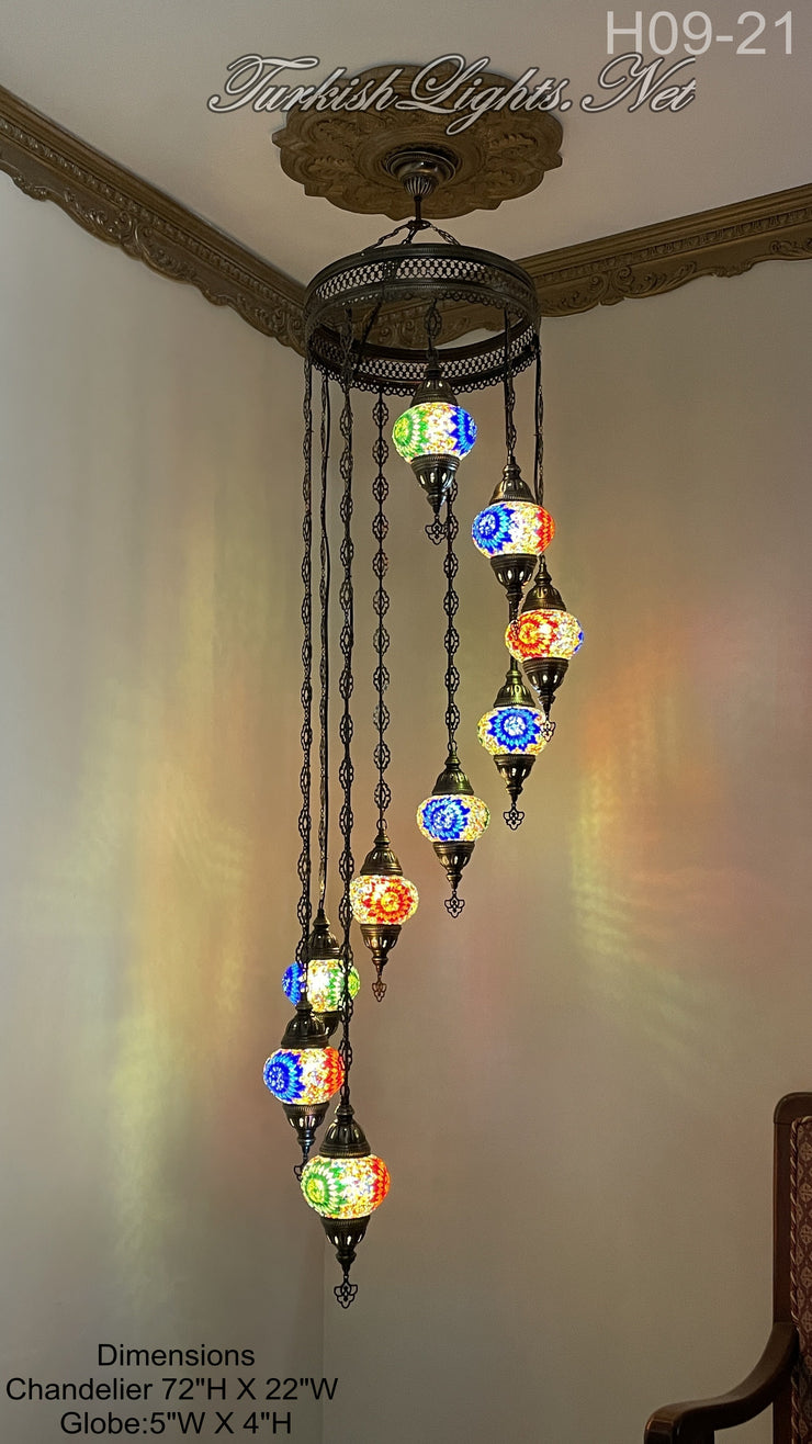 9 (M) BALL TURKISH WATER DROP MOSAIC CHANDELIER WİTH MEDIUM GLOBES H09-21