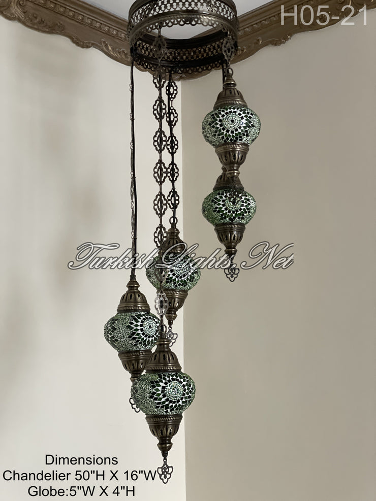 5 (M) BALL TURKISH WATER DROP MOSAIC CHANDELIER WİTH MEDIUM GLOBES H05-21