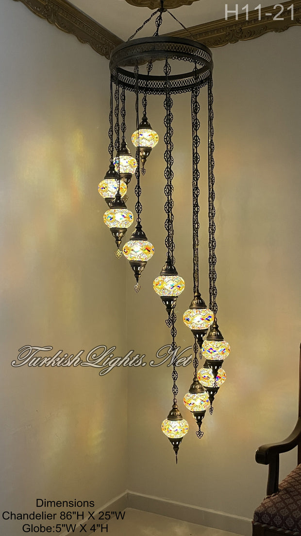 11 (M) BALL TURKISH WATER DROP MOSAIC CHANDELIER WİTH MEDIUM GLOBES H11-21