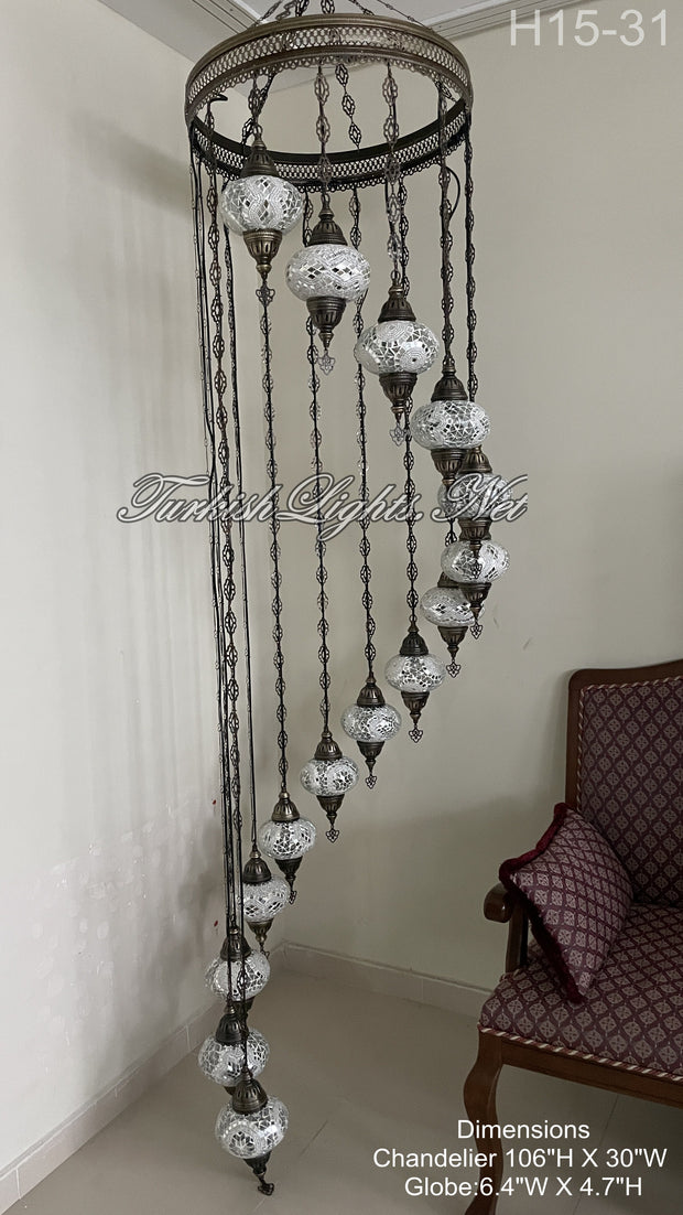 15-BALL TURKISH WATER DROP MOSAIC CHANDELIER WİTH LARGE GLOBES H15-31