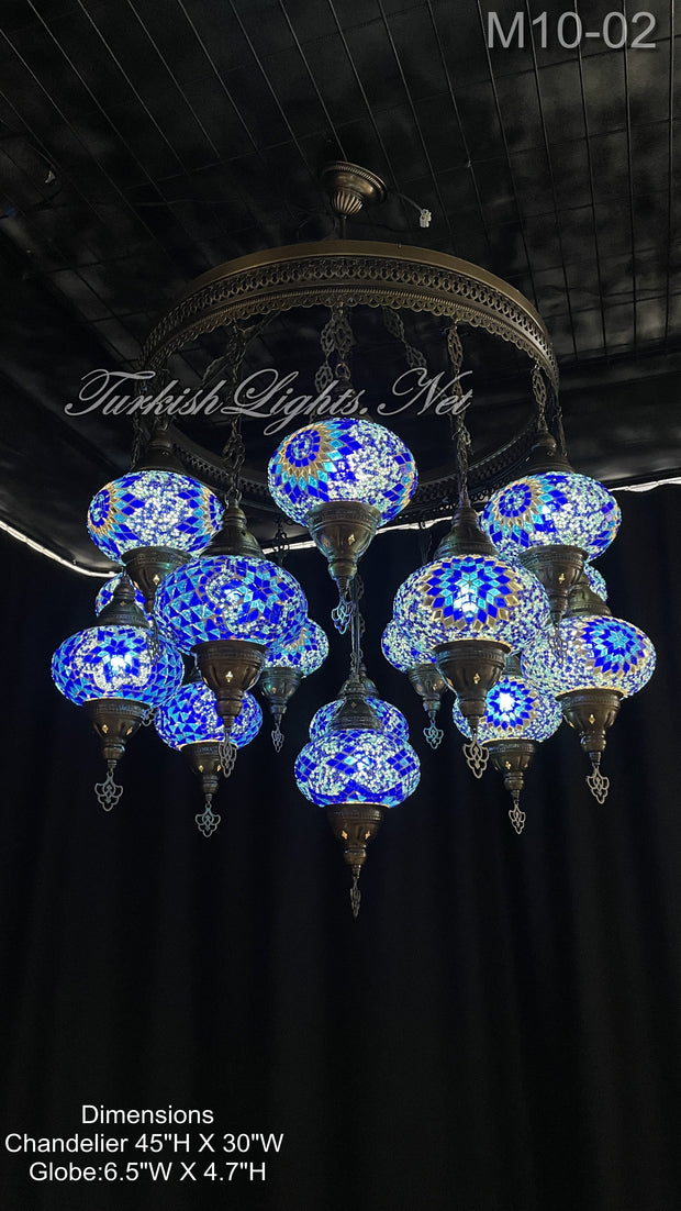 15-BALL TURKISH SULTAN MOSAIC CHANDELIER, LARGE GLOBES BLUE ID: M10-02