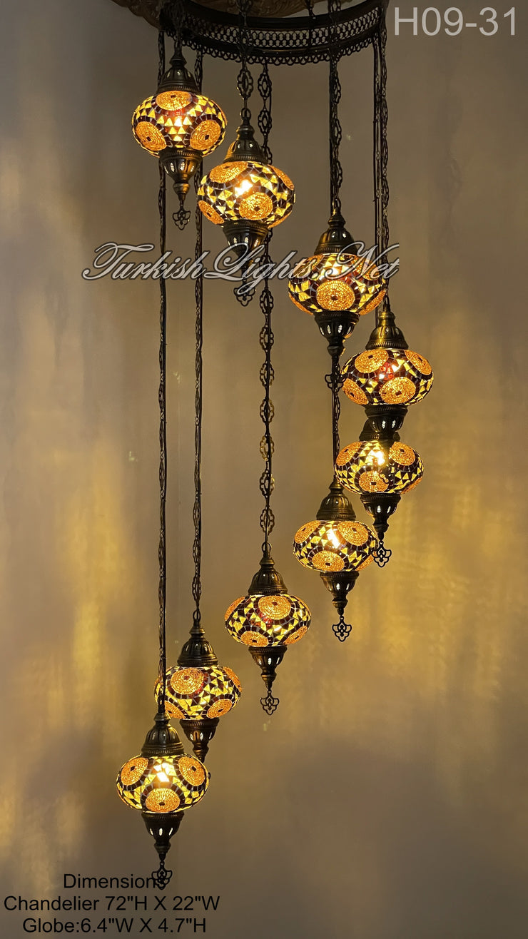 9 (L) BALL TURKISH WATER DROP MOSAIC CHANDELIER WİTH LARGE GLOBES H09-31