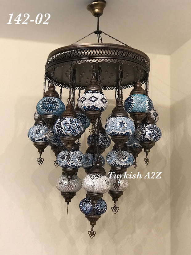 Turkish Mosaic Chandelier With 21 Medium Globes (with remote) ,ID: 142, FREE SHIPPING - TurkishLights.NET