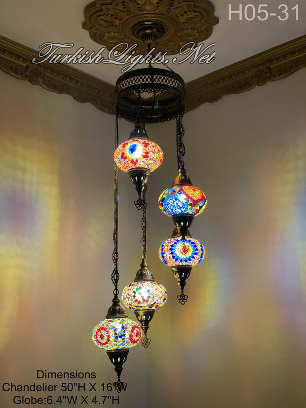 5 (L) BALL TURKISH WATER DROP MOSAIC CHANDELIER WİTH LARGE GLOBES H05-31