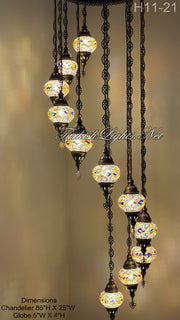 11 (M) BALL TURKISH WATER DROP MOSAIC CHANDELIER WİTH MEDIUM GLOBES H11-21