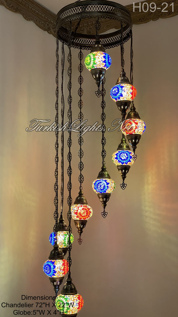 9 (M) BALL TURKISH WATER DROP MOSAIC CHANDELIER WİTH MEDIUM GLOBES H09-21