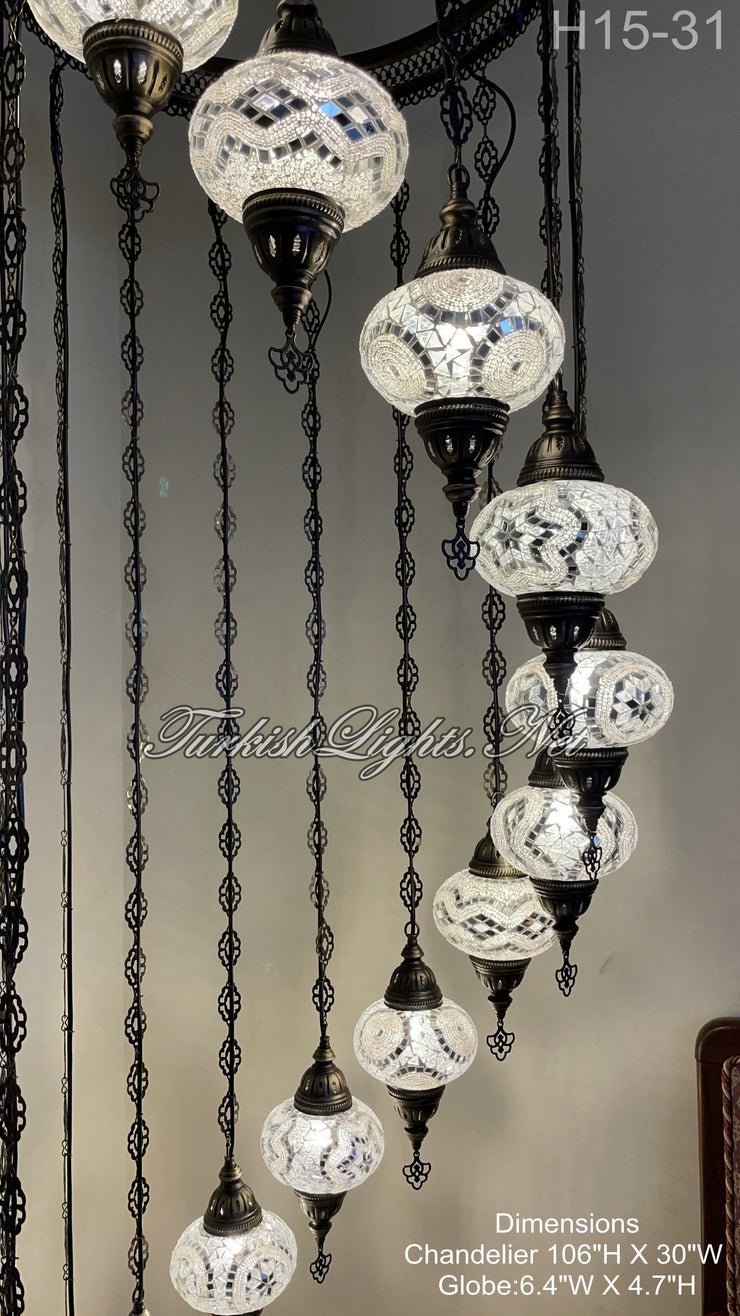 15-BALL TURKISH WATER DROP MOSAIC CHANDELIER WİTH LARGE GLOBES H15-31