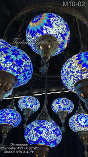 15-BALL TURKISH SULTAN MOSAIC CHANDELIER, LARGE GLOBES BLUE ID: M10-02