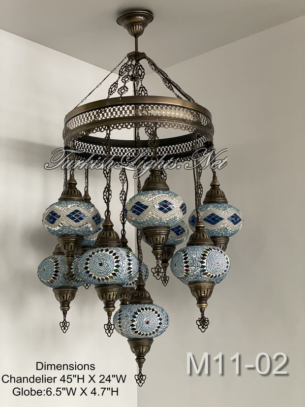 11-BALL TURKISH SULTAN MOSAIC CHANDELIER, LARGE GLOBES ID: M11-02