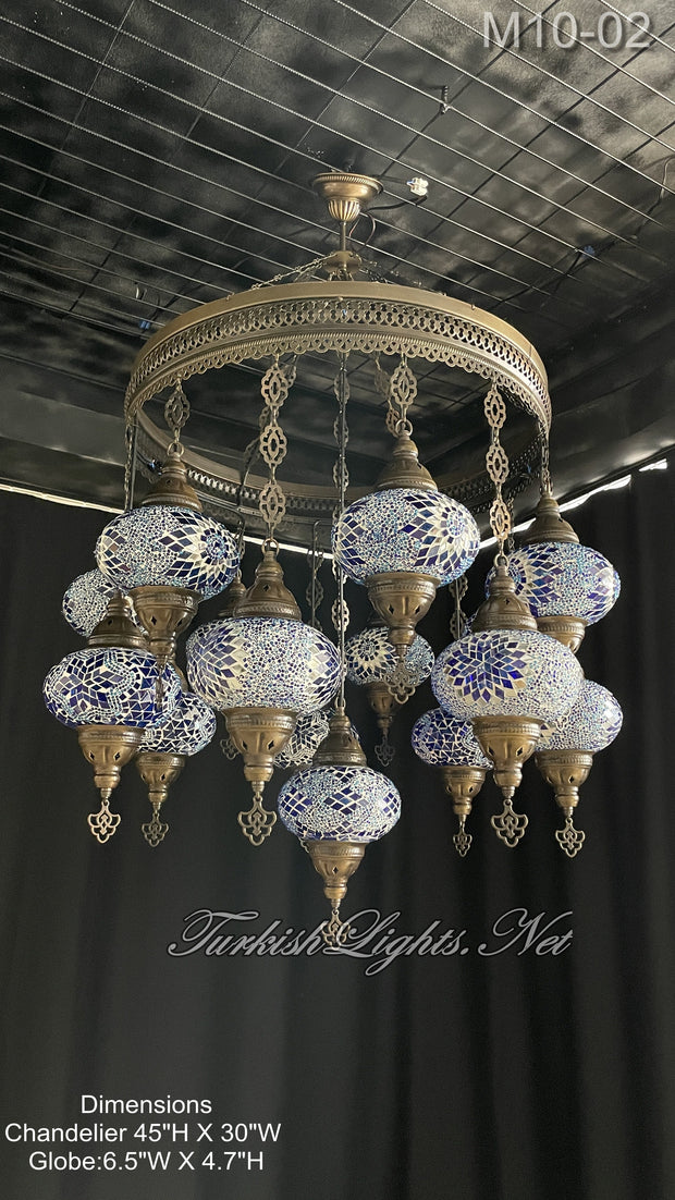 15-BALL TURKISH SULTAN MOSAIC CHANDELIER, LARGE GLOBES BLUE ID: M10-02