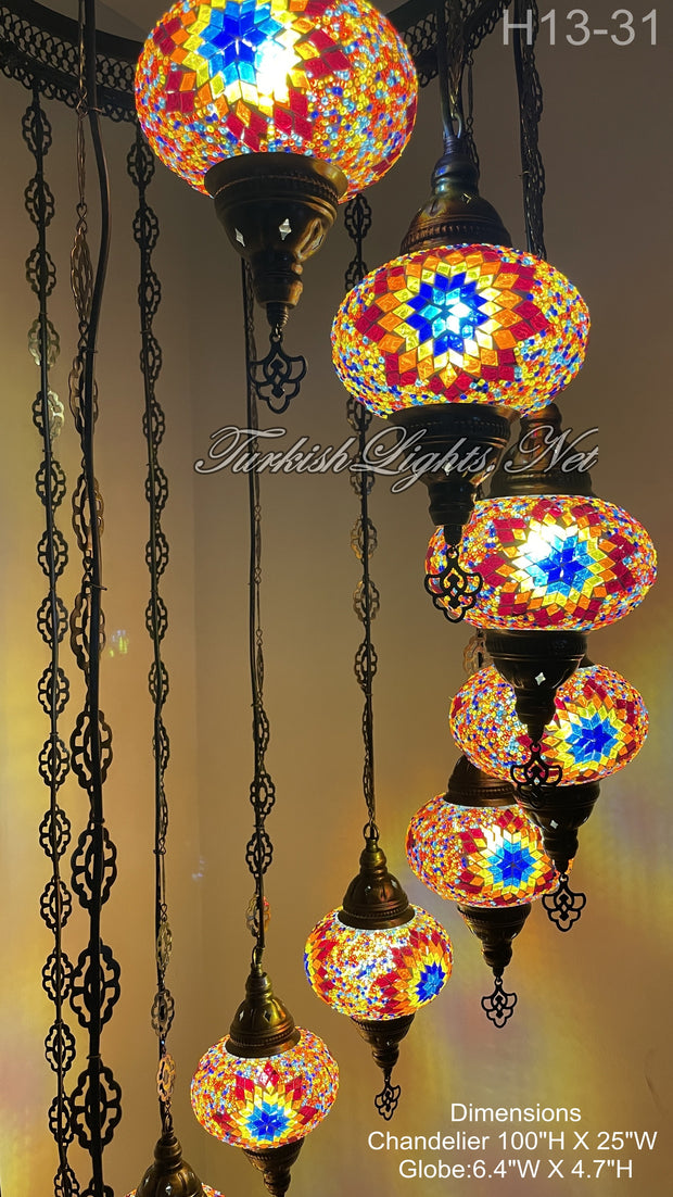 13 (L) BALL TURKISH WATER DROP MOSAIC CHANDELIER WİTH LARGE GLOBES H13-31