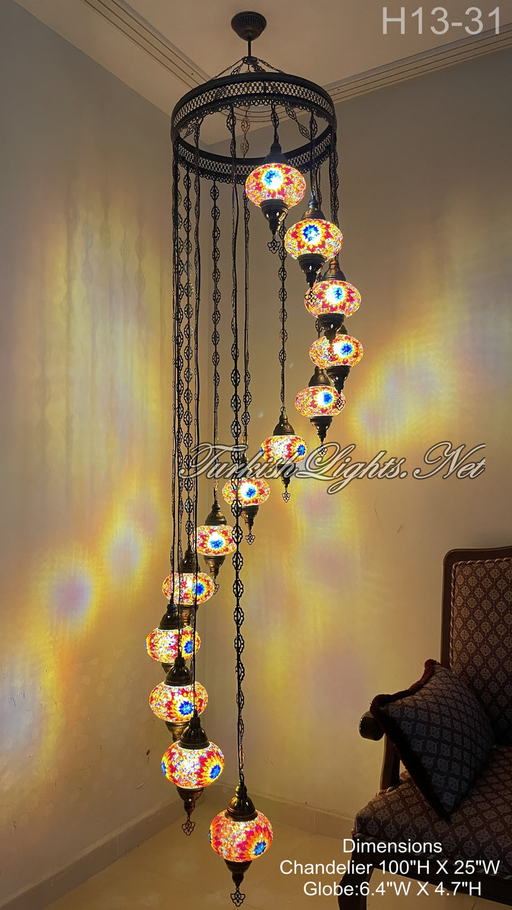 13 (L) BALL TURKISH WATER DROP MOSAIC CHANDELIER WİTH LARGE GLOBES H13-31
