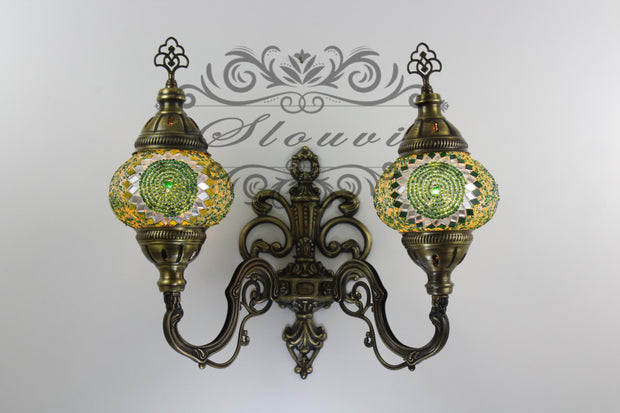 Turkish Mosaic Double Wall Sconce, With Medium Globes, Upward - TurkishLights.NET