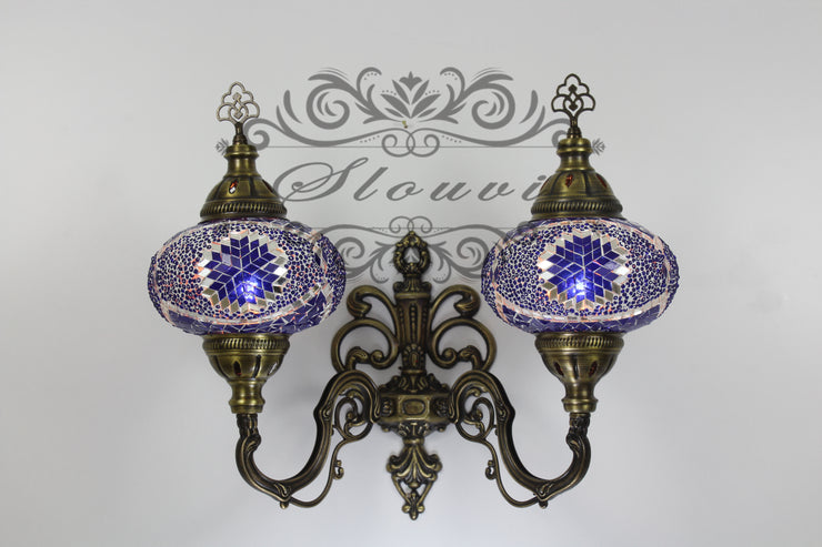 Turkish Mosaic Double Wall Sconce, With Large Globes, Upward - TurkishLights.NET