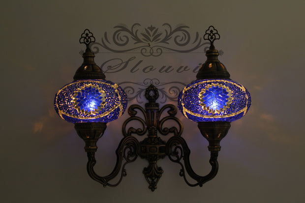 Turkish Mosaic Double Wall Sconce, With Large Globes, Upward - TurkishLights.NET