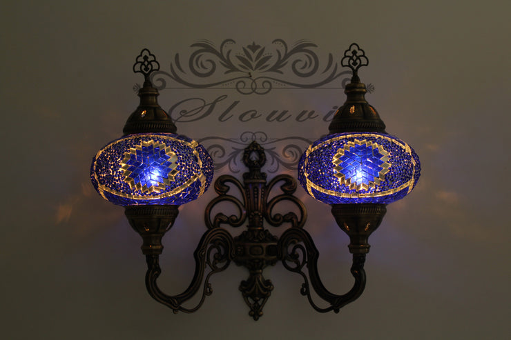 Turkish Mosaic Double Wall Sconce, With Large Globes, Upward - TurkishLights.NET