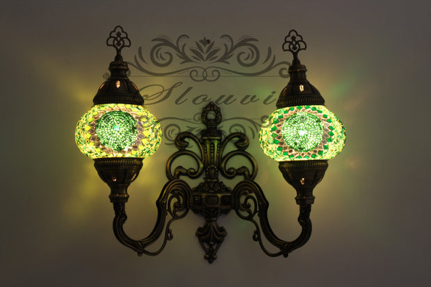 Turkish Mosaic Double Wall Sconce, With Medium Globes, Upward - TurkishLights.NET