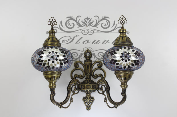 Turkish Mosaic Double Wall Sconce, With Large Globes, Upward - TurkishLights.NET