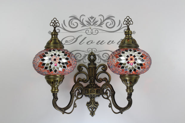 Turkish Mosaic Double Wall Sconce, With Large Globes, Upward - TurkishLights.NET