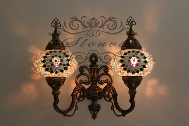 Turkish Mosaic Double Wall Sconce, With Large Globes, Upward - TurkishLights.NET