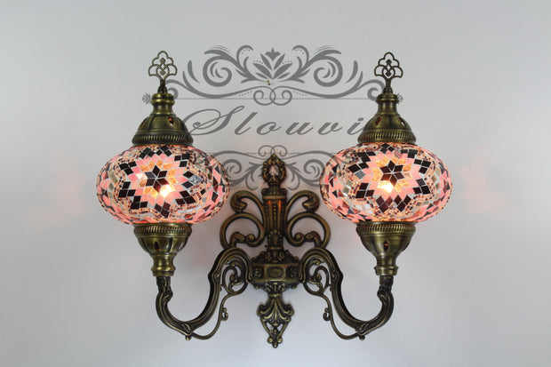 Turkish Mosaic Double Wall Sconce, With Large Globes, Upward - TurkishLights.NET