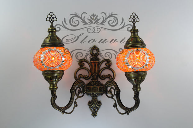 Turkish Mosaic Double Wall Sconce, With Medium Globes, Upward - TurkishLights.NET