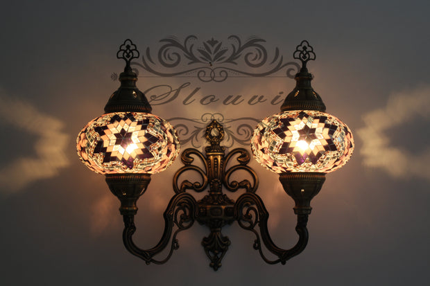 Turkish Mosaic Double Wall Sconce, With Large Globes, Upward - TurkishLights.NET