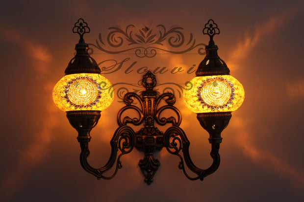 Turkish Mosaic Double Wall Sconce, With Medium Globes, Upward - TurkishLights.NET