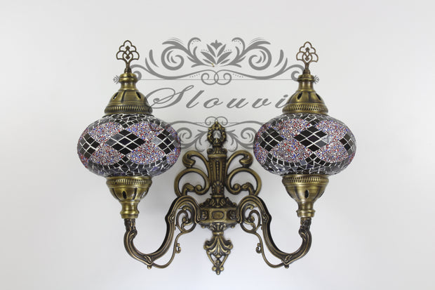 Turkish Mosaic Double Wall Sconce, With Large Globes, Upward - TurkishLights.NET