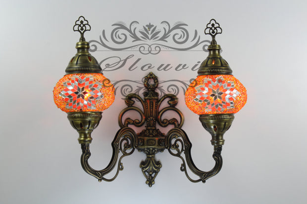 Turkish Mosaic Double Wall Sconce, With Medium Globes, Upward - TurkishLights.NET