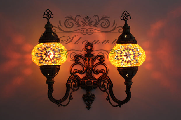 Turkish Mosaic Double Wall Sconce, With Medium Globes, Upward - TurkishLights.NET