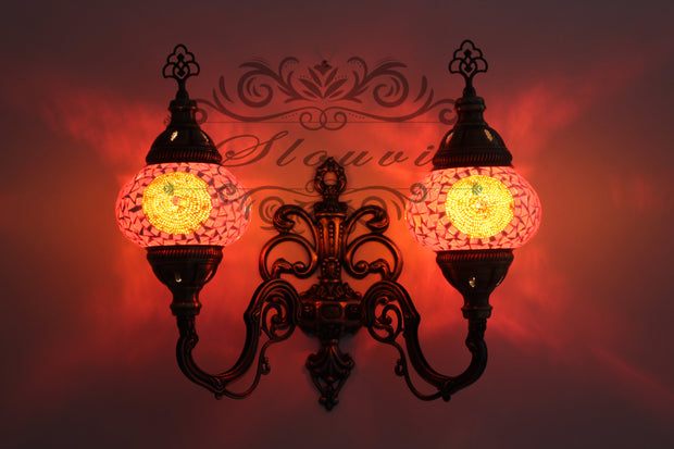 Turkish Mosaic Double Wall Sconce, With Medium Globes, Upward - TurkishLights.NET