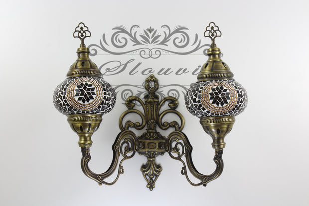 Turkish Mosaic Double Wall Sconce, With Medium Globes, Upward - TurkishLights.NET