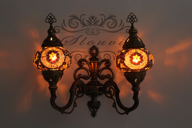 Turkish Mosaic Double Wall Sconce, With Medium Globes, Upward - TurkishLights.NET