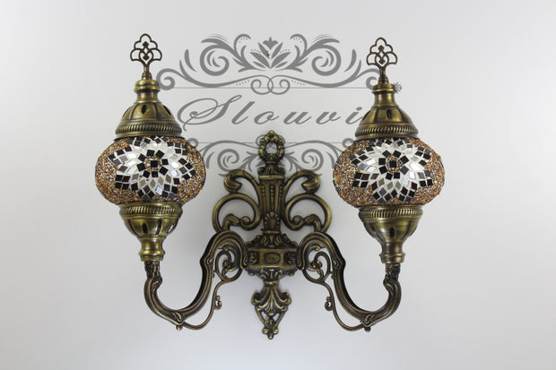 Turkish Mosaic Double Wall Sconce, With Medium Globes, Upward - TurkishLights.NET