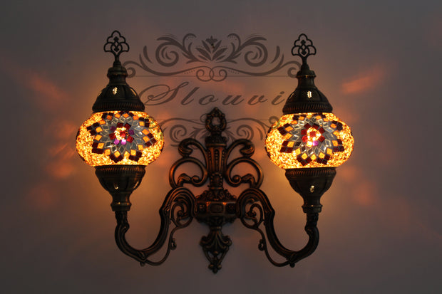 Turkish Mosaic Double Wall Sconce, With Medium Globes, Upward - TurkishLights.NET