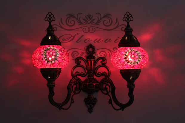 Turkish Mosaic Double Wall Sconce, With Medium Globes, Upward - TurkishLights.NET