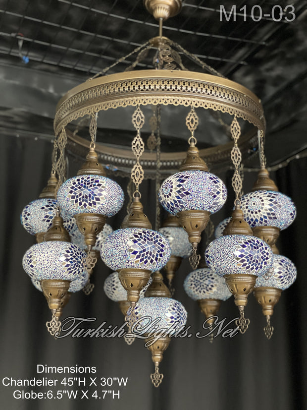 15-BALL TURKISH SULTAN MOSAIC CHANDELIER, LARGE GLOBES ID: M10-03