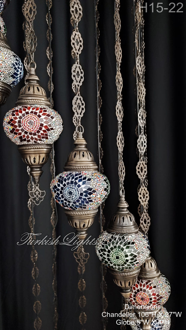 15-BALL TURKISH WATER DROP MOSAIC CHANDELIER MEDIUM GLOBES H15-22